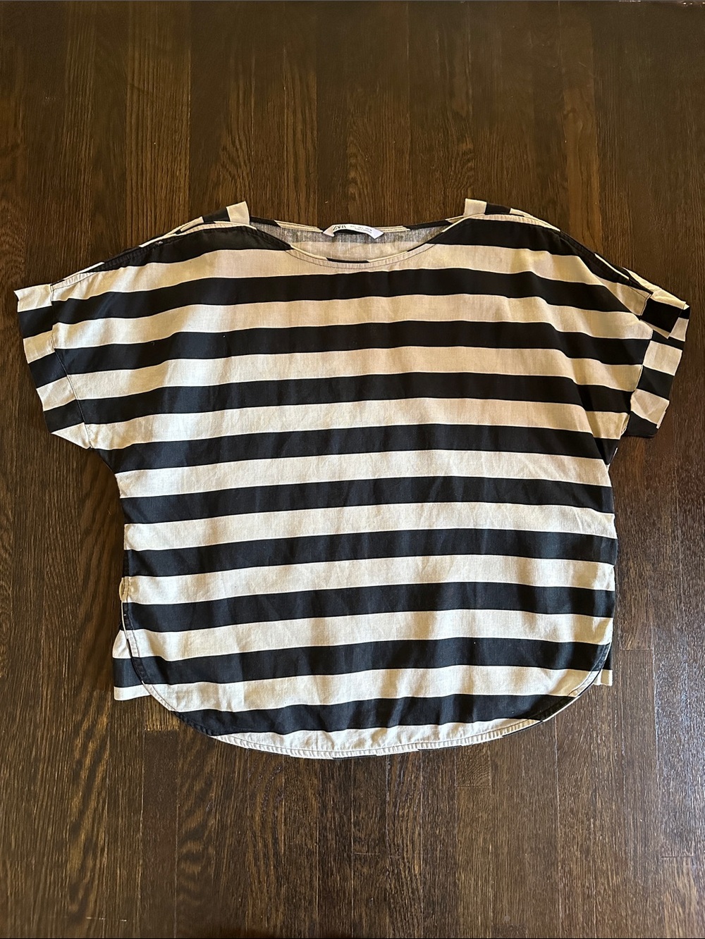 Zara Black and Beige Horizontal Stripe Blouse size Large